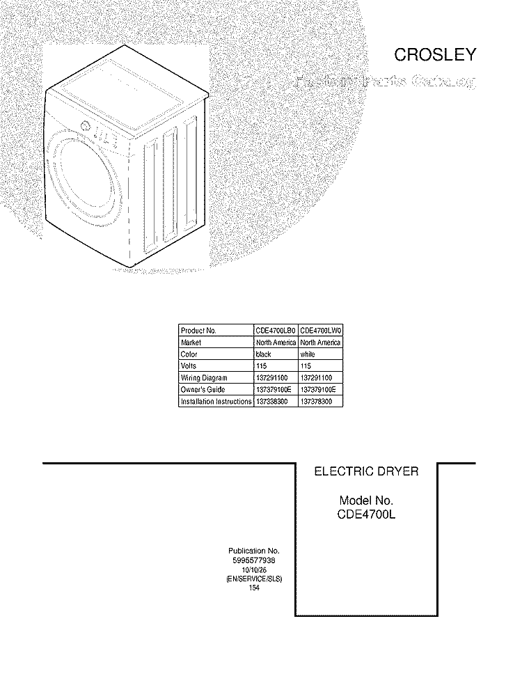 COVER Diagram and Parts List for CDE4700LW0  Crosley Dryer