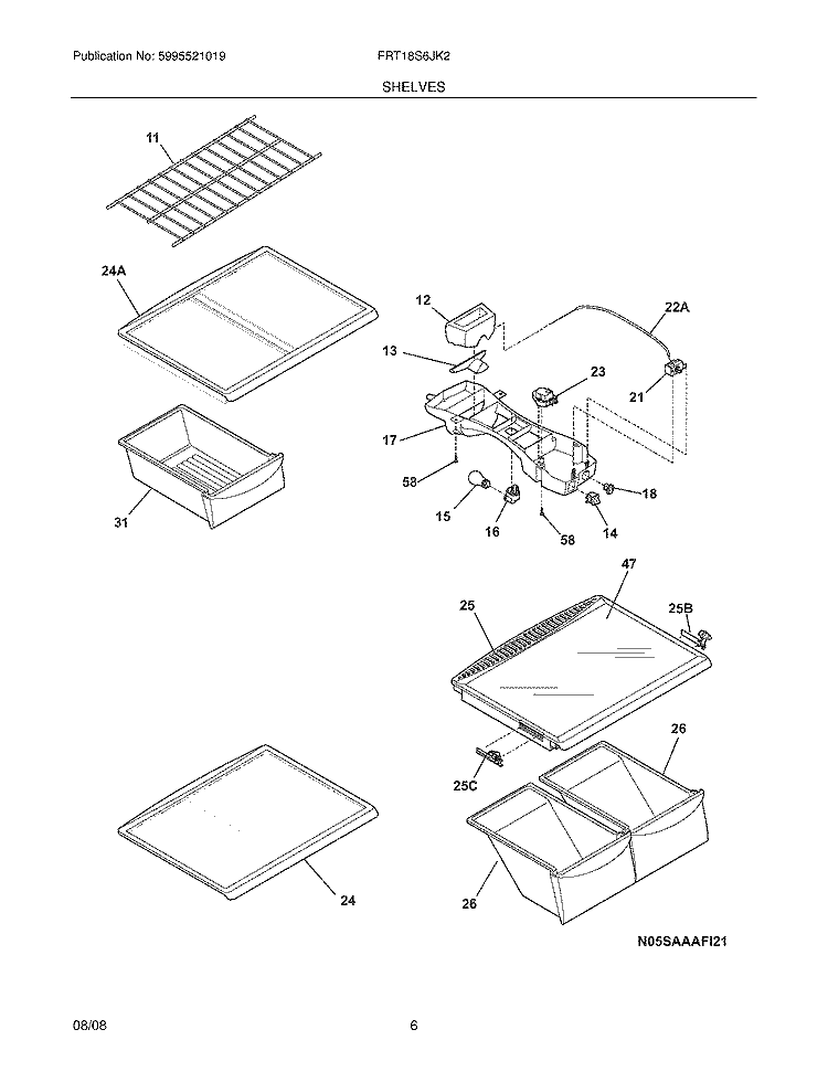 SHELVES Diagram and Parts List for FRT18S6JK2  Frigidaire Refrigerator
