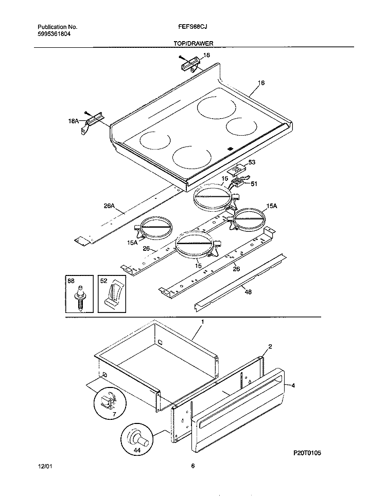 TOP / DRAWER Diagram and Parts List for FEFS68CJBC  Frigidaire Range