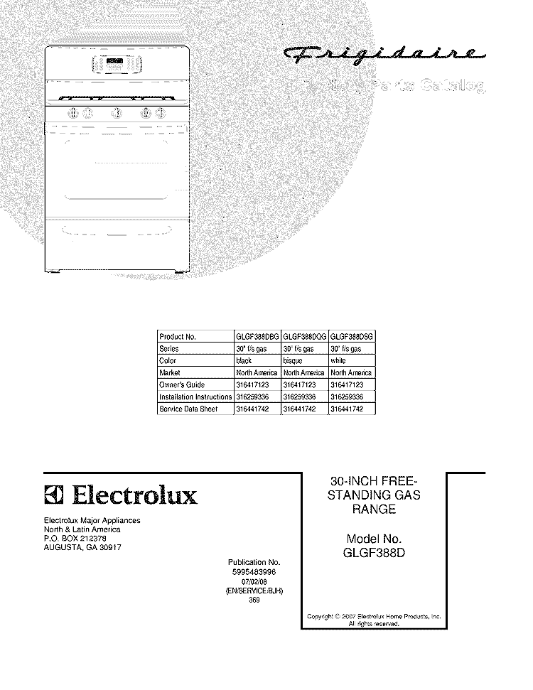 COVER Diagram and Parts List for GLGF388DBG  Frigidaire Range
