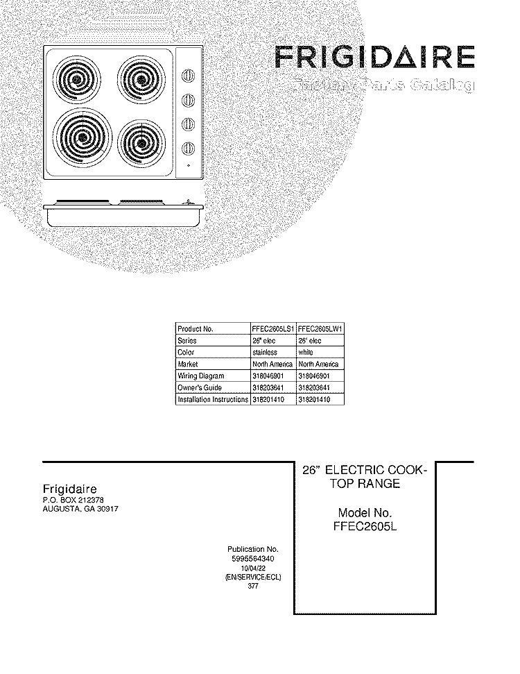 COVER Diagram and Parts List for FFEC2605LS1  Frigidaire Cooktop