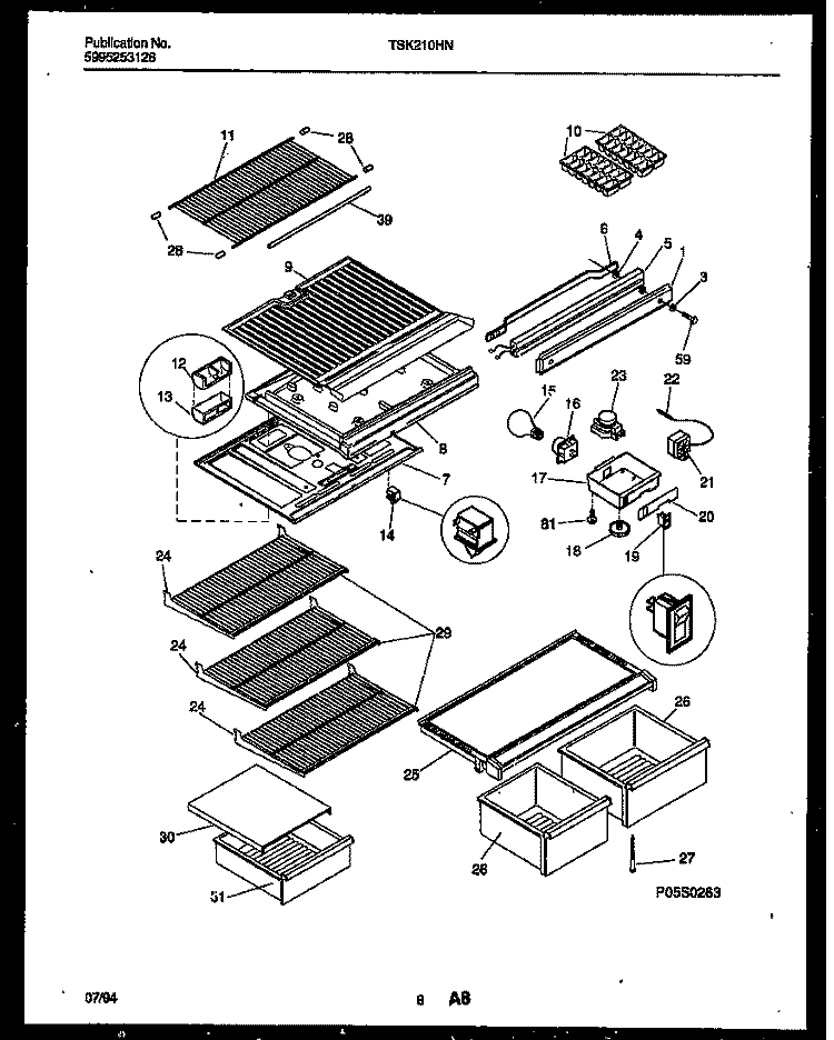 SHELVES AND SUPPORTS Diagram and Parts List for TSK210HN1T  Kelvinator Refrigerator