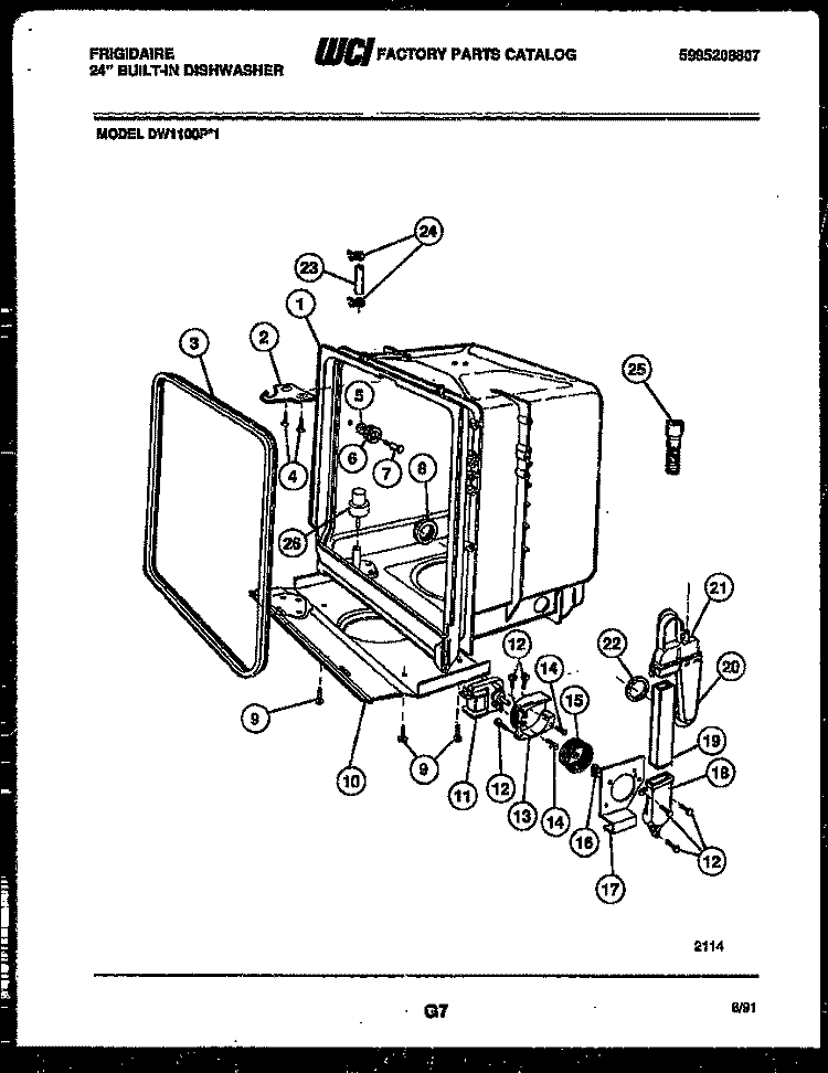 TUB AND FRAME PARTS Diagram and Parts List for DW1100PW1  Frigidaire Dishwasher