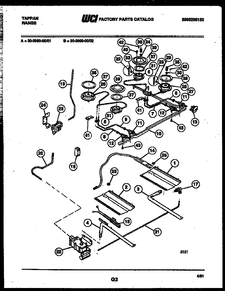 BURNER, MANIFOLD AND GAS CONTROL Diagram and Parts List for 30-3860-00-01  Tappan Range
