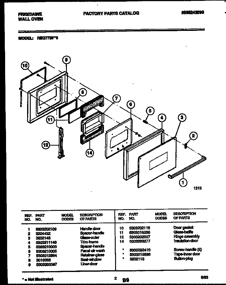 DOOR PARTS Diagram and Parts List for REG77BF3  Frigidaire Wall Oven