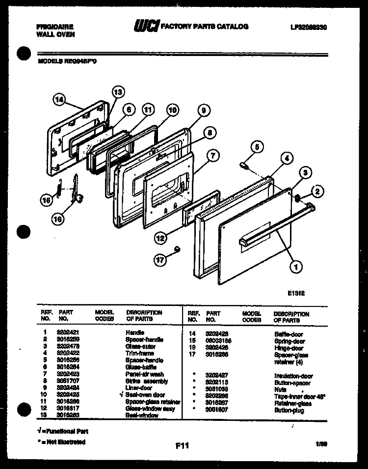 DOOR PARTS Diagram and Parts List for REG94BFB0  Frigidaire Wall Oven