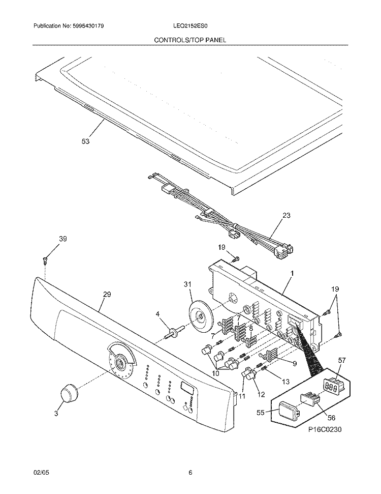 CONTROLS / TOP PANEL Diagram and Parts List for LEQ2152ES0  Frigidaire Dryer
