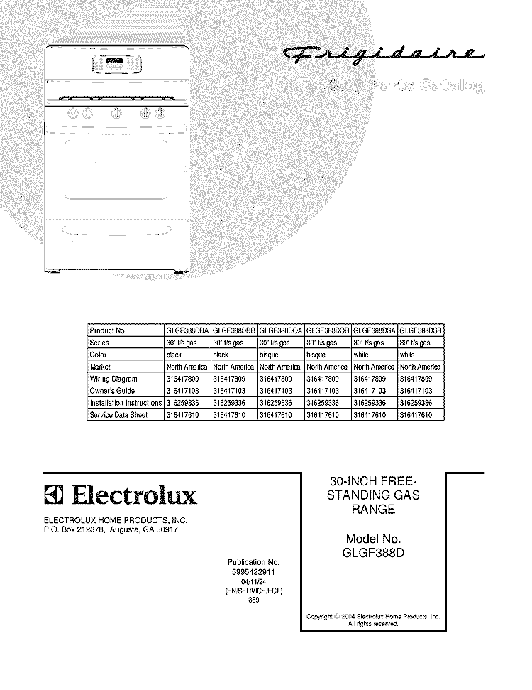 COVER Diagram and Parts List for GLGF388DQB  Frigidaire Range