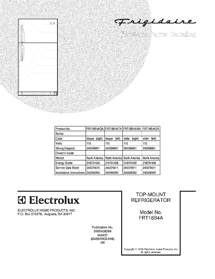 COVER Diagram and Parts List for FRT18B4ATA  Frigidaire Refrigerator