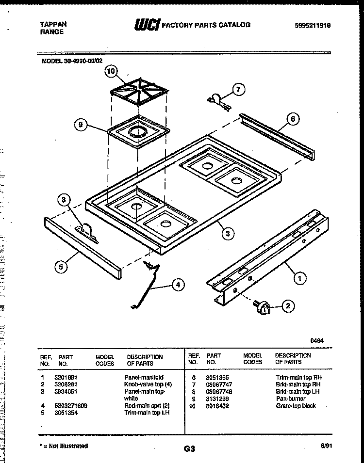 COOKTOP PARTS Diagram and Parts List for 30-4990-00-02  Tappan Range