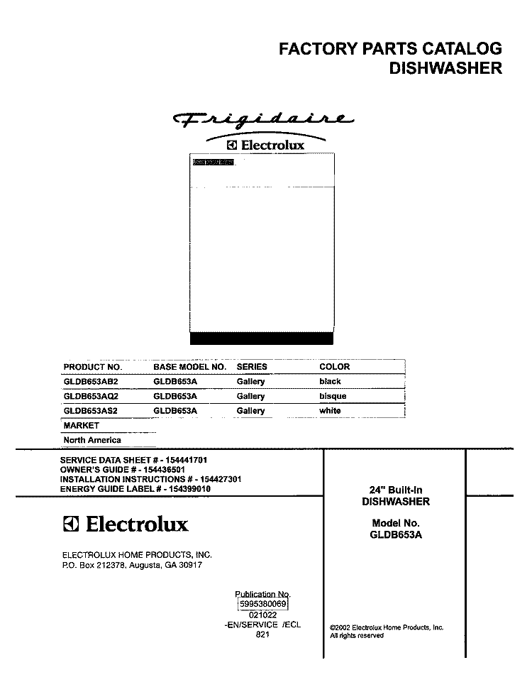 COVER Diagram and Parts List for GLDB653AS2  Frigidaire Dishwasher