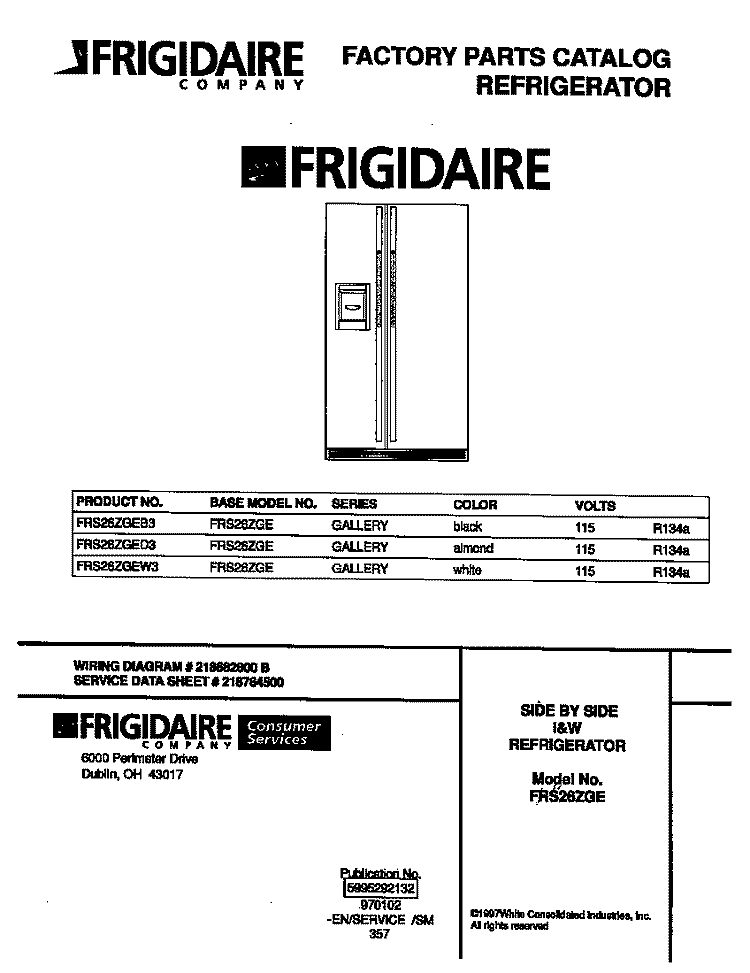 COVER Diagram and Parts List for FRS26ZGEW3  Frigidaire Refrigerator