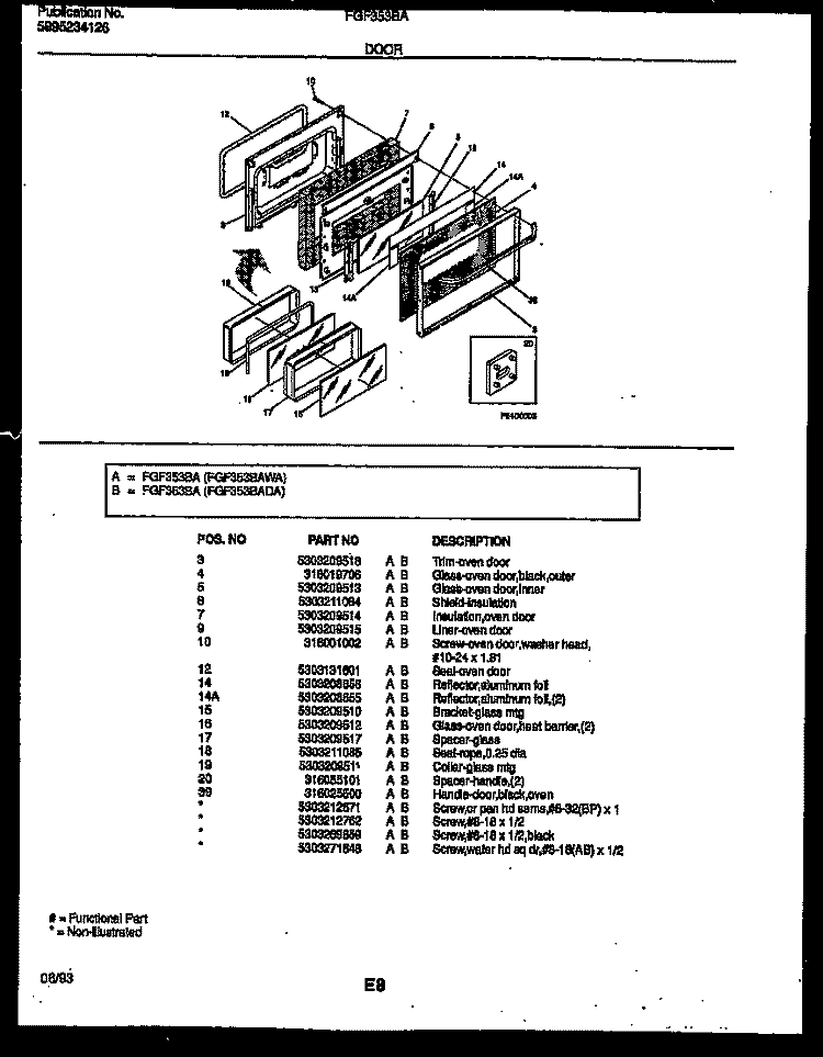 DOOR PARTS Diagram and Parts List for FGF353BADA  Frigidaire Range