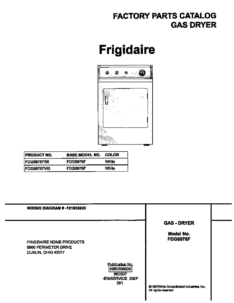 COVER Diagram and Parts List for FDG8976FW0  Frigidaire Dryer