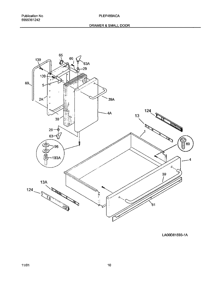 DRAWER & SMALL DOOR Diagram and Parts List for PLEF489ACA  Frigidaire Range