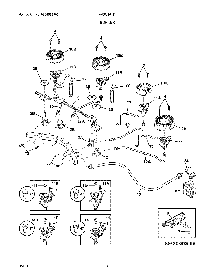 BURNER Diagram and Parts List for FFGC3613LBA  Frigidaire Cooktop