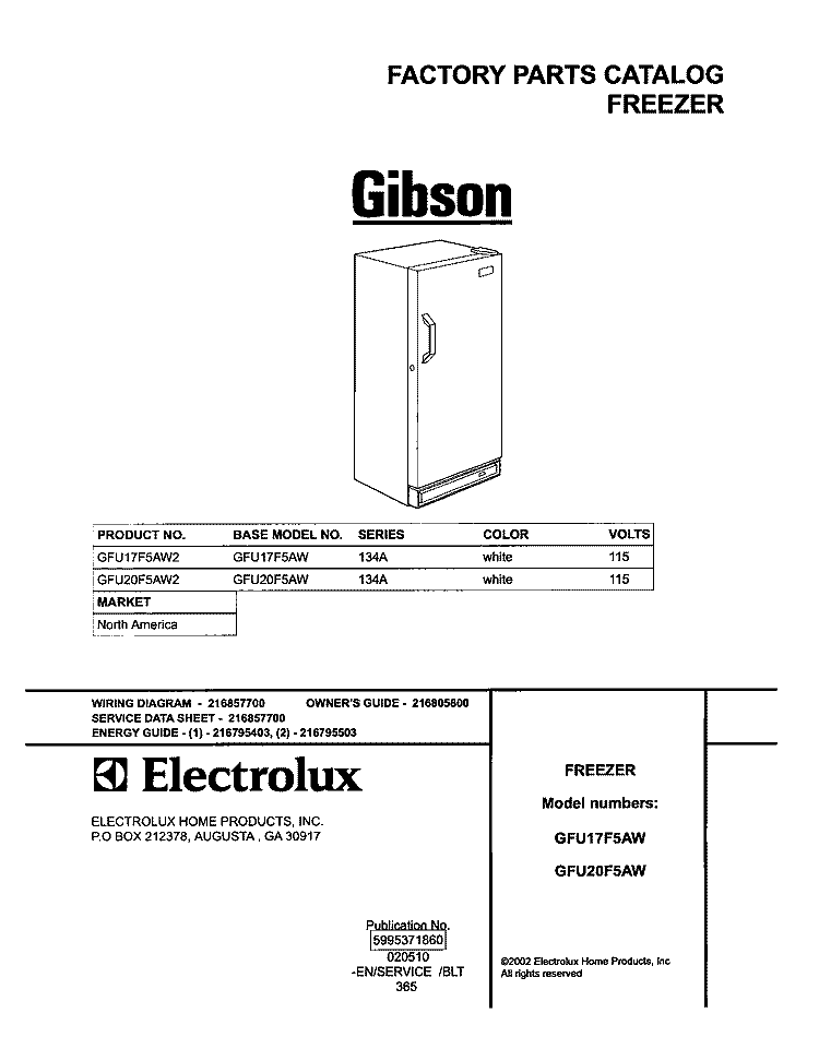 COVER Diagram and Parts List for GFU17F5AW2  Gibson Freezer