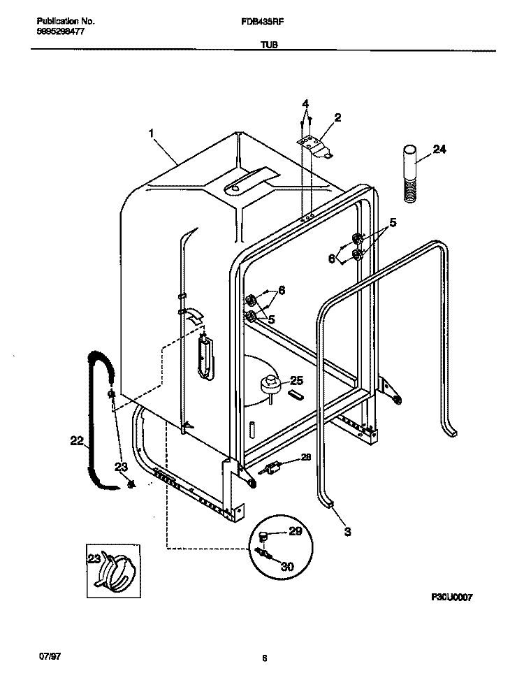 TUB Diagram and Parts List for FDB435RFS0  Frigidaire Dishwasher