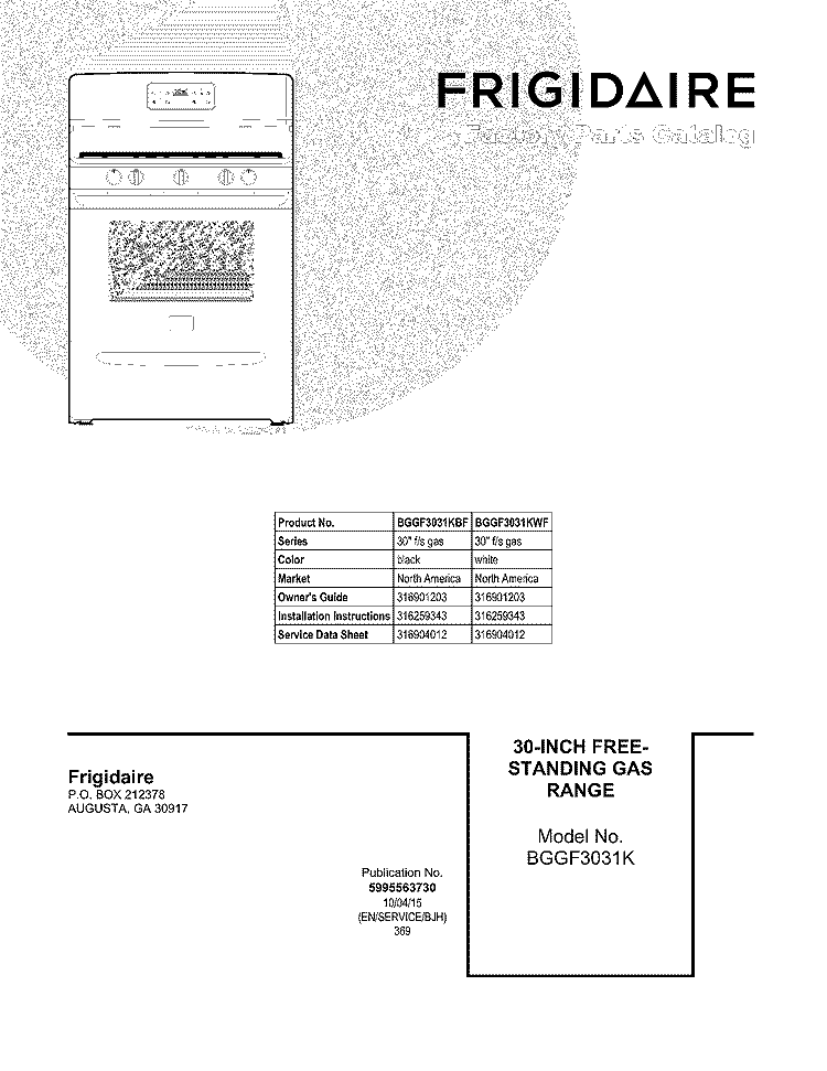 COVER Diagram and Parts List for BGGF3031KWF  Frigidaire Range