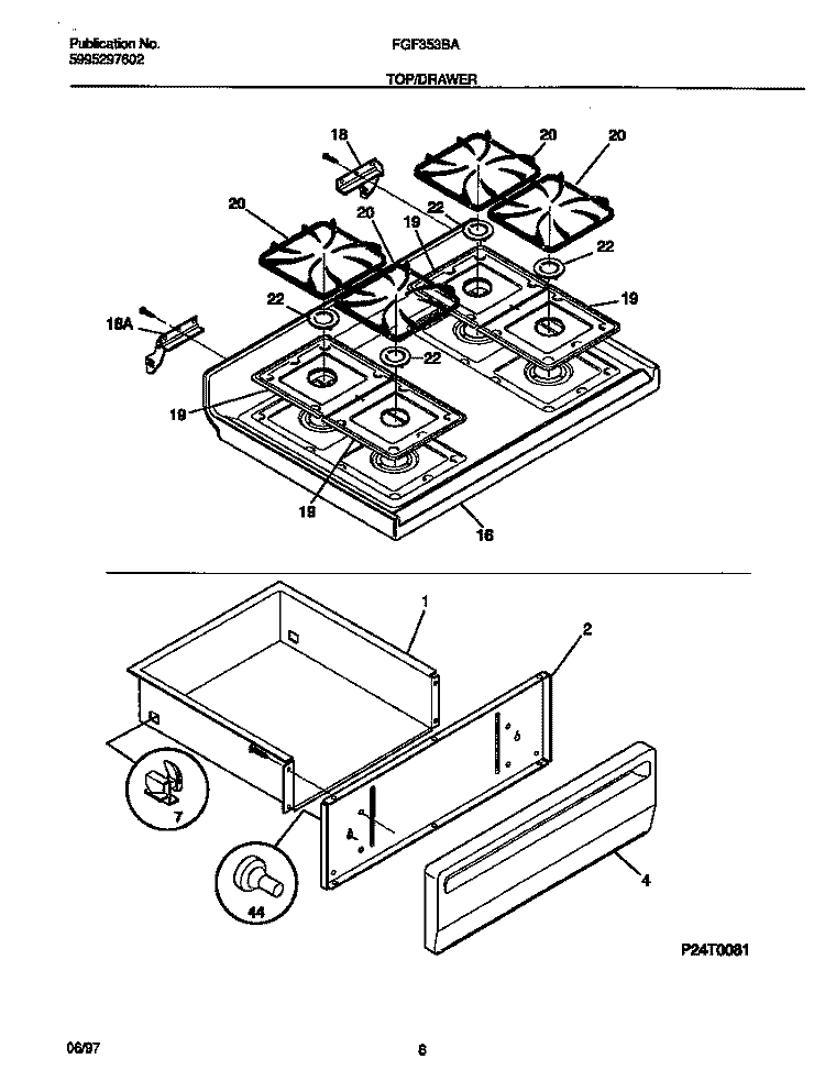 TOP / DRAWER Diagram and Parts List for FGF353BADG  Frigidaire Range