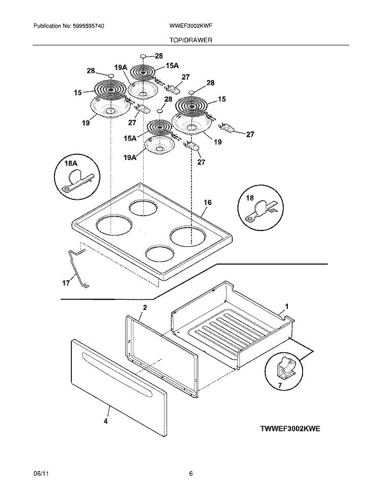 TOP/DRAWER Diagram and Parts List for WWEF3002KWF  Westinghouse Range