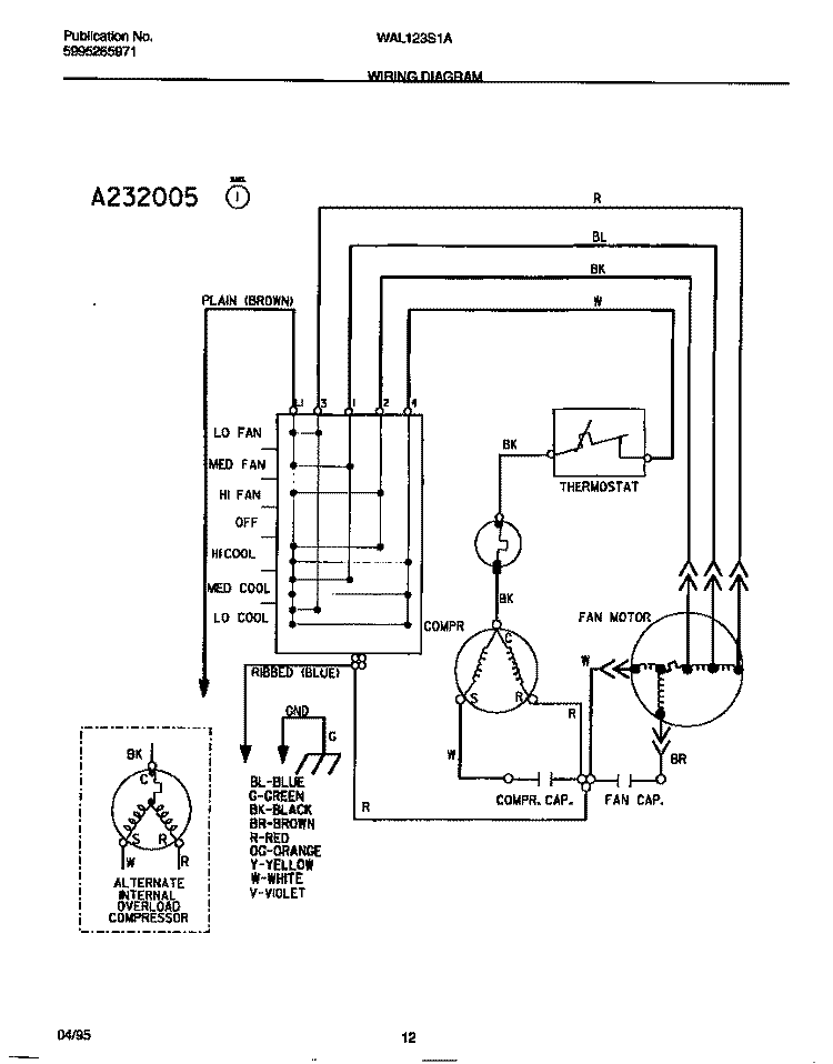 WIRING DIAGRAM Diagram and Parts List for WAL123S1A5  Frigidaire Air Conditioner