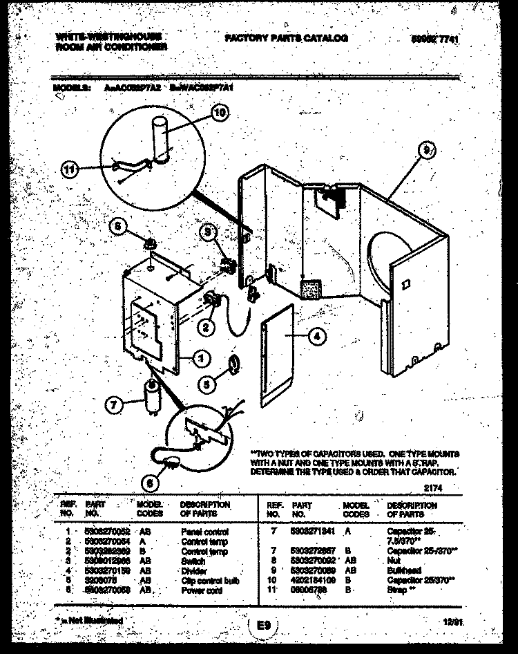 ELECTRICAL PARTS Diagram and Parts List for AC052P7A2  Frigidaire Air Conditioner