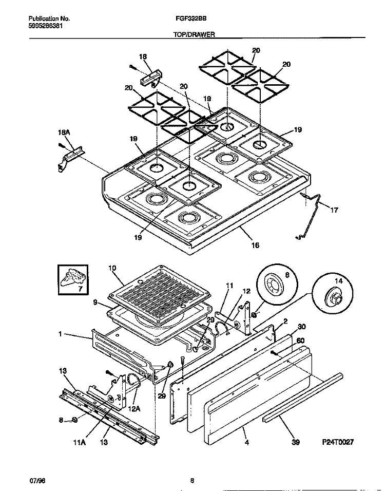 TOP / DRAWER Diagram and Parts List for FGF332BBWC  Frigidaire Range