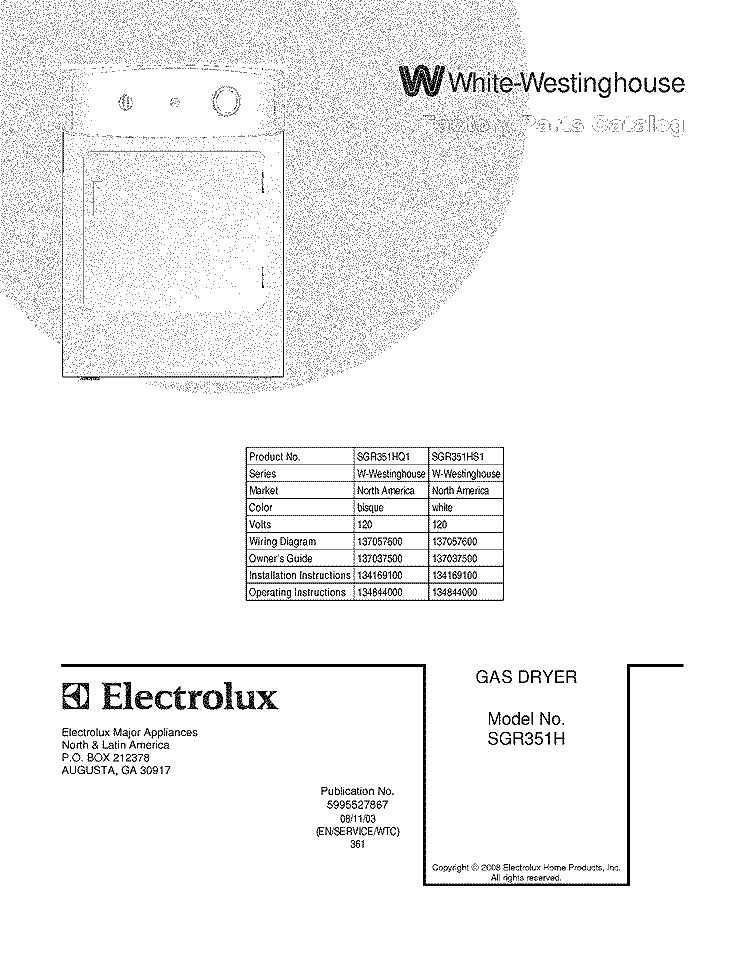 COVER Diagram and Parts List for SGR351HS1  Westinghouse Dryer