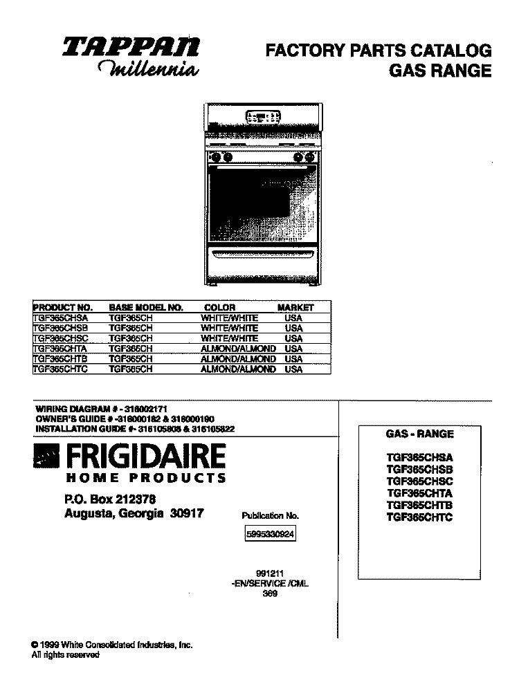 COVER Diagram and Parts List for TGF365CHSB  Tappan Range