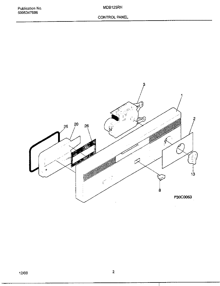 CONTROL PANEL Diagram and Parts List for MDB125RHD1  Frigidaire Dishwasher