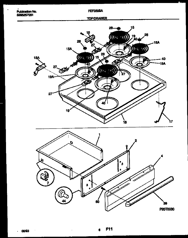 COOKTOP AND DRAWER PARTS Diagram and Parts List for FEF350BAWB  Frigidaire Range