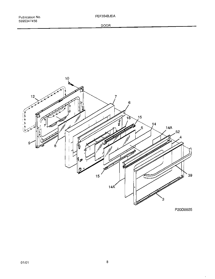 DOOR Diagram and Parts List for FEF354BJDA  Frigidaire Range