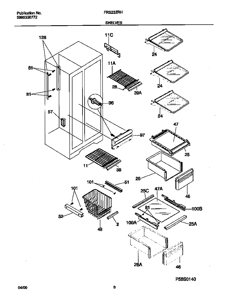 SHELVES Diagram and Parts List for FRS22ZRHW1  Frigidaire Refrigerator
