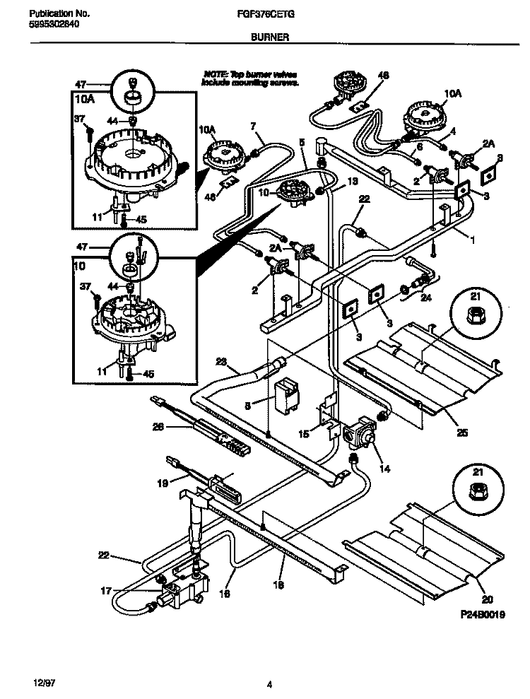 BURNER Diagram and Parts List for FGF376CETG  Frigidaire Range