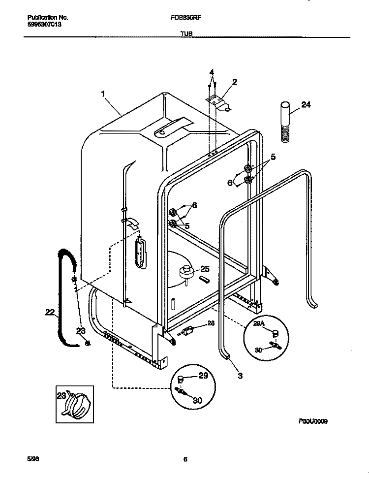 TUB Diagram and Parts List for FDB835RFB0  Frigidaire Dishwasher
