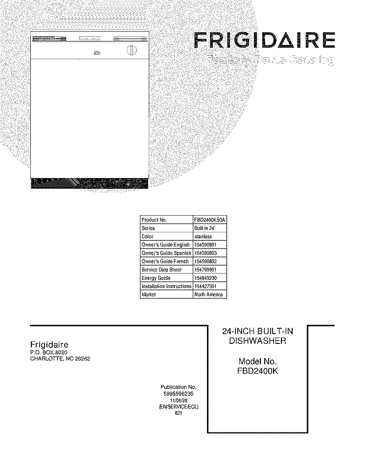 Cover Diagram and Parts List for FBD2400KS0A  Frigidaire Dishwasher