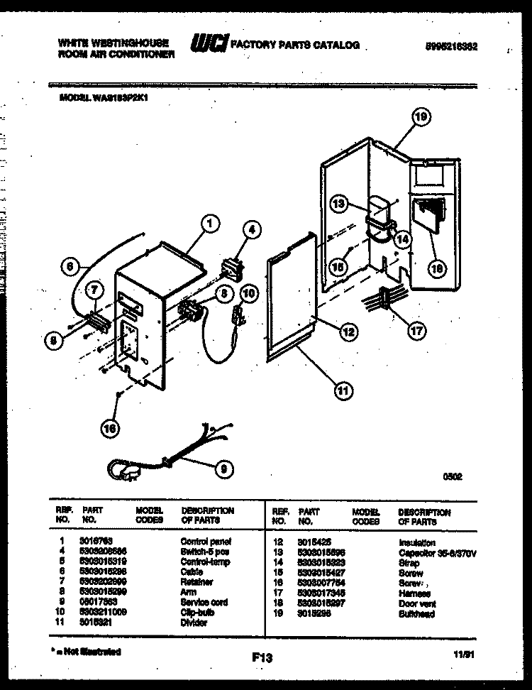 ELECTRICAL PARTS Diagram and Parts List for WAS183P2K1  Frigidaire Air Conditioner