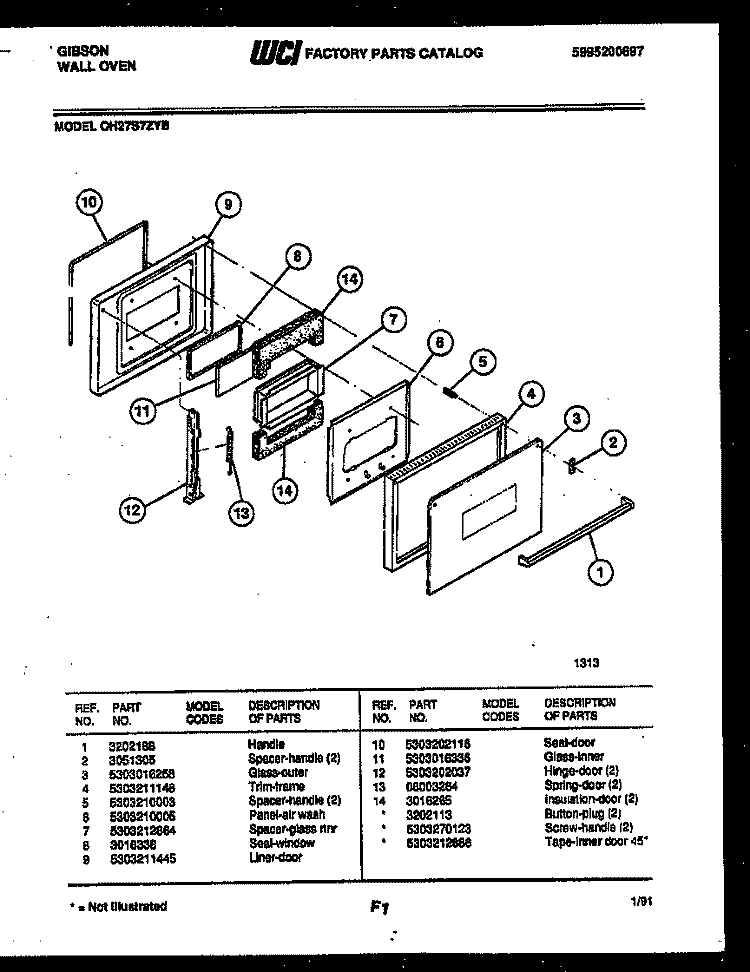 DOOR PARTS Diagram and Parts List for OH27S7ZYB  Gibson Wall Oven