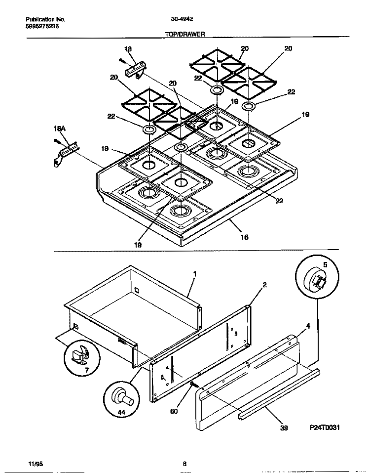 TOP / DRAWER Diagram and Parts List for 30-4942-00-07  Tappan Range