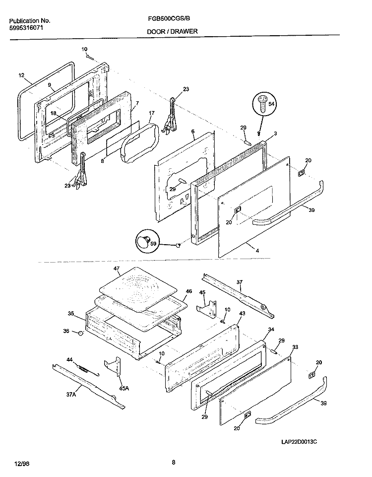 DOOR / DRAWER Diagram and Parts List for FGB500CGB1  Frigidaire Wall Oven