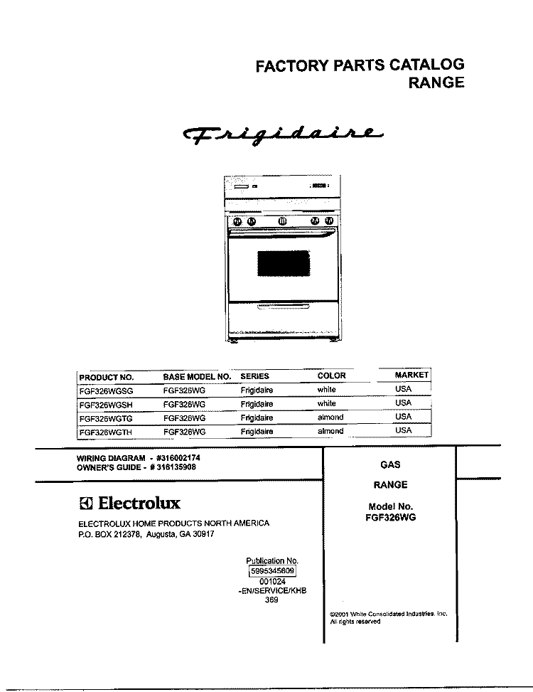 COVER Diagram and Parts List for FGF326WGSGTH  Frigidaire Range