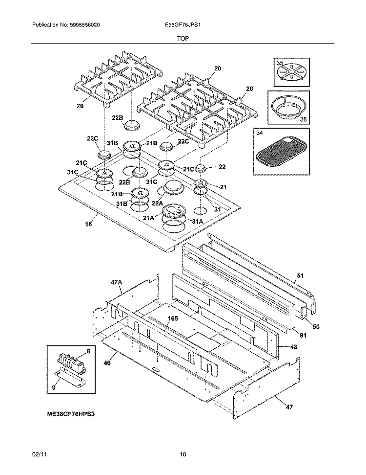 MAIN TOP Diagram and Parts List for E36GF76JPS1  Electrolux Range