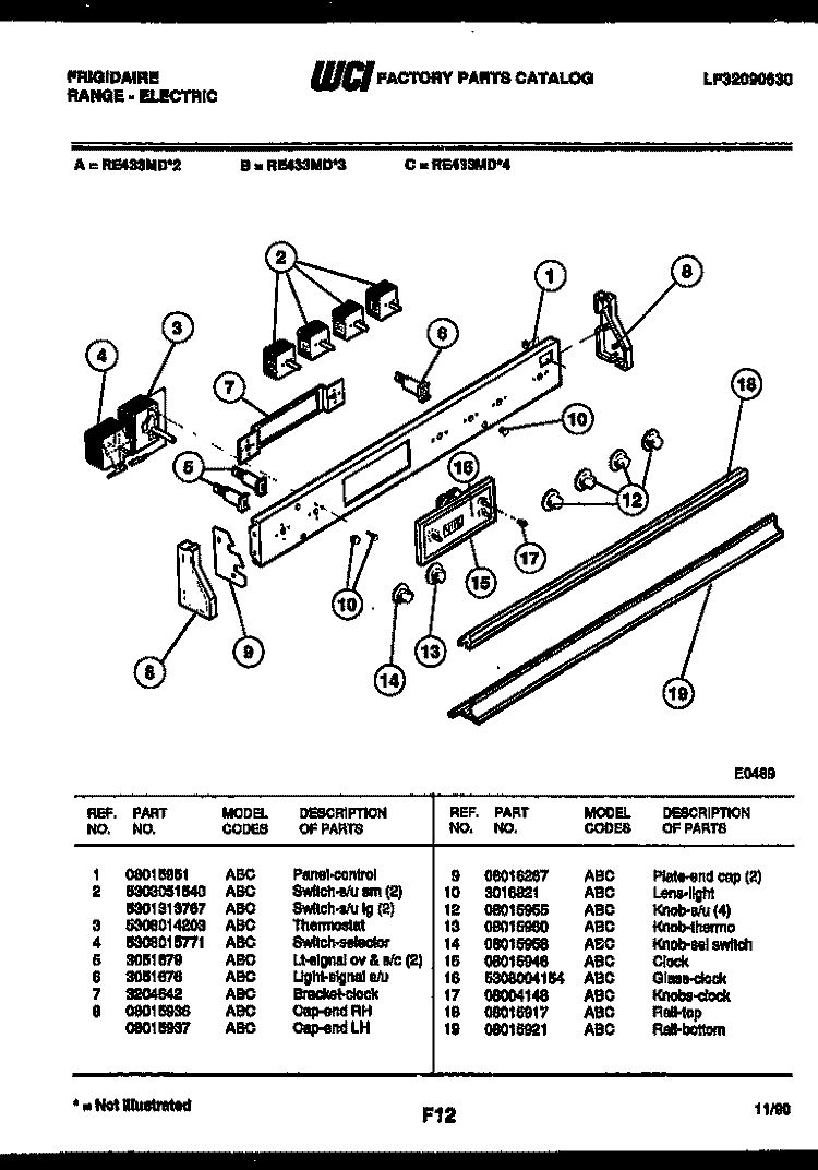 CONTROL PANEL Diagram and Parts List for RE433MDB2  Frigidaire Range
