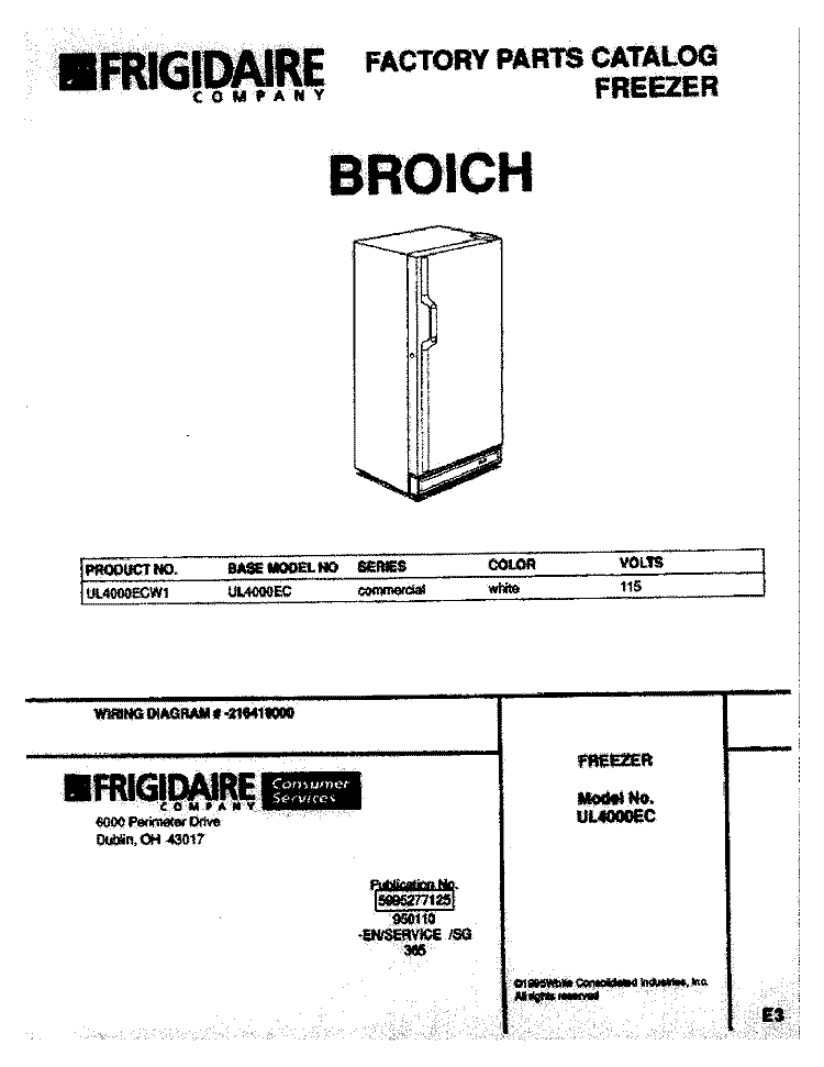 COVER Diagram and Parts List for UL4000ECW1  Electrolux Freezer