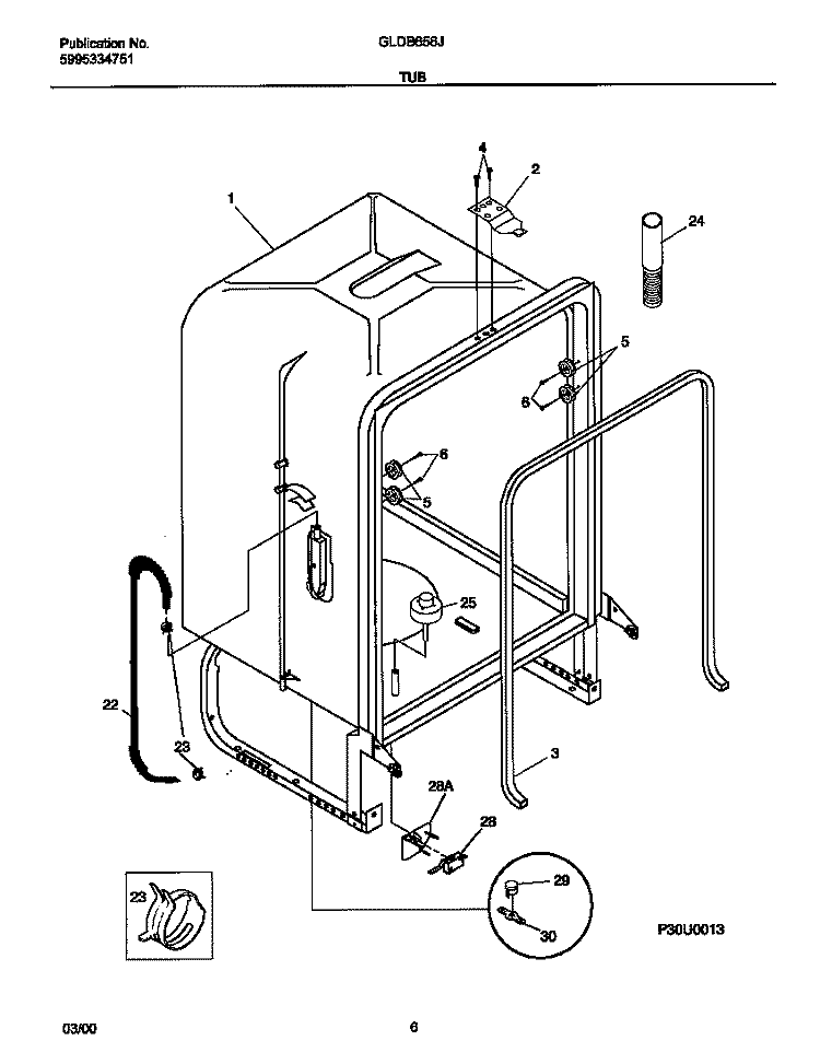 TUB Diagram and Parts List for GLDB656JB0  Frigidaire Dishwasher