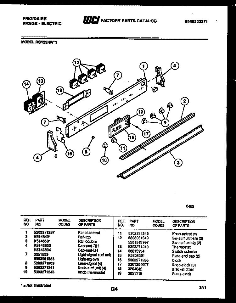 CONTROL PANEL Diagram and Parts List for RG533NW1  Frigidaire Range