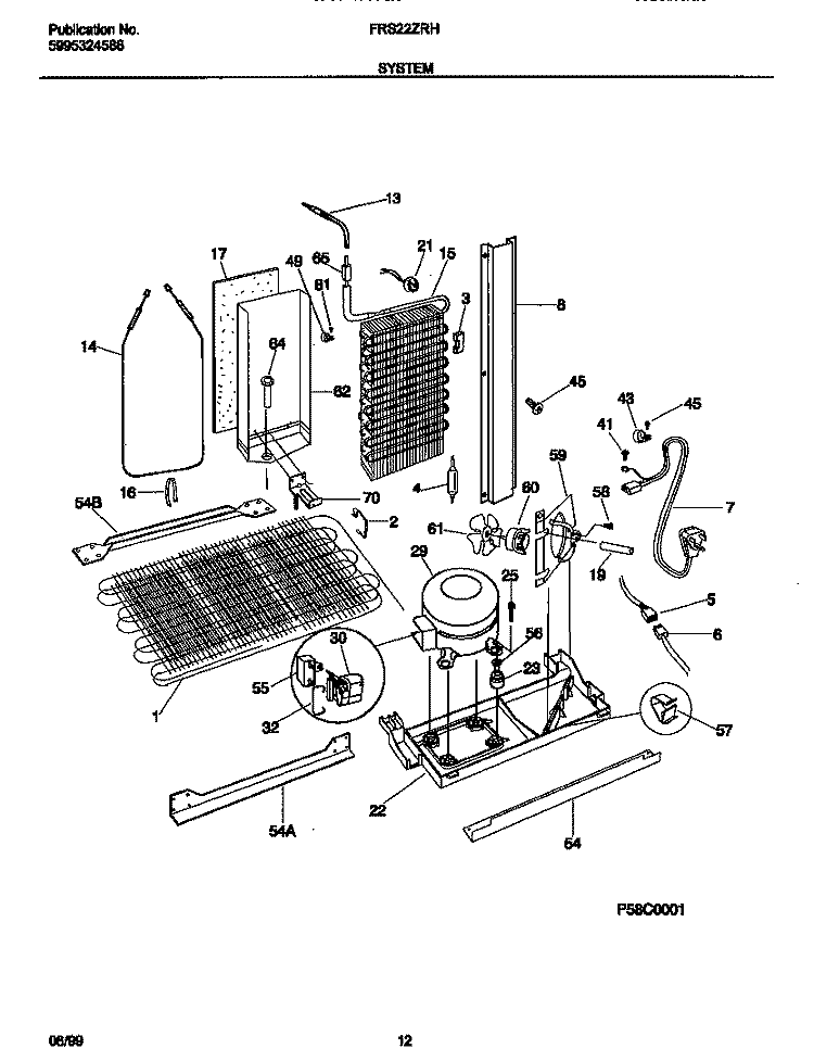 SYSTEM Diagram and Parts List for FRS22ZRHD0  Frigidaire Refrigerator