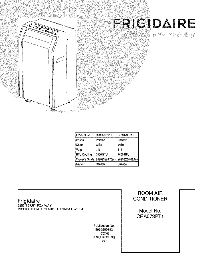 COVER Diagram and Parts List for CRA073PT10  Frigidaire Air Conditioner