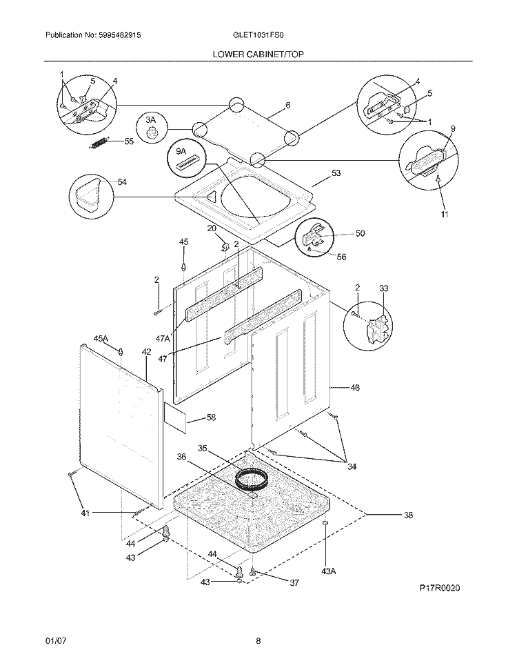 LOWER CABINET / TOP Diagram and Parts List for GLET1031FS0  Frigidaire Washer Dryer Combo